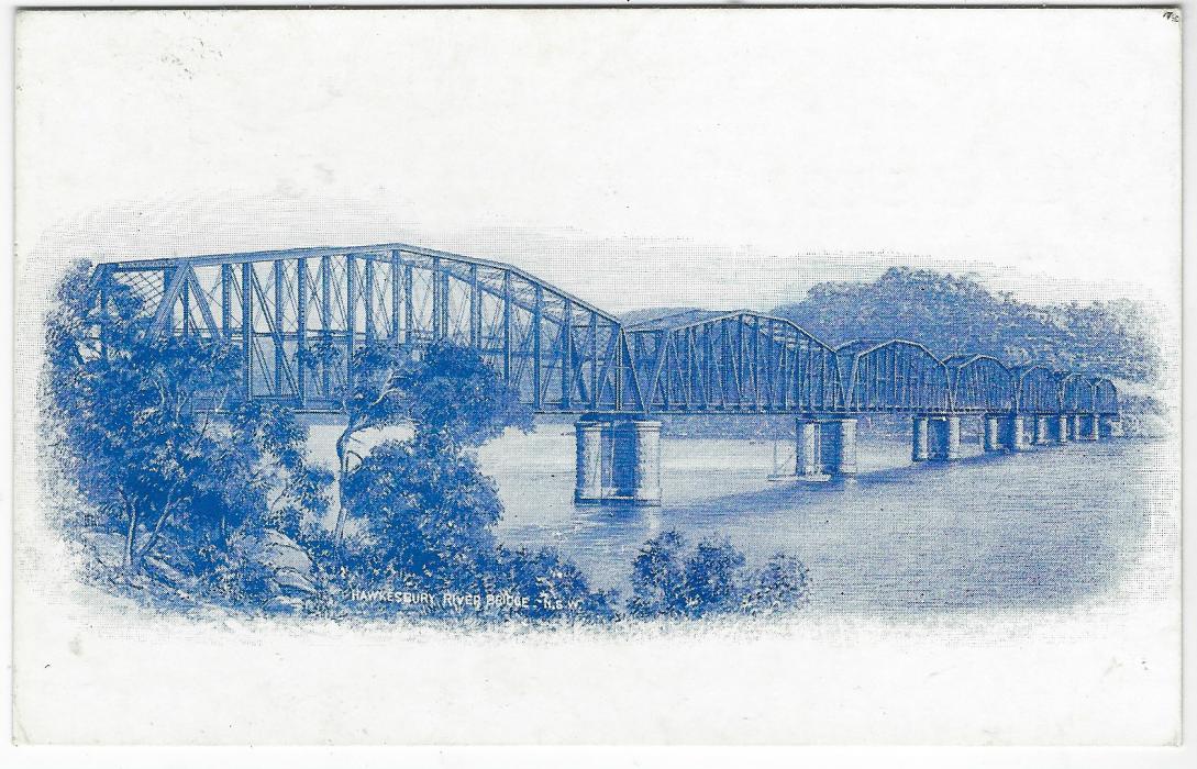 Australia (New South Wales) 1907 1d picture stationery card with new heading, reverse with steel blue image of Hawkesbury River Bridge;  very fine unused, a scarce type.