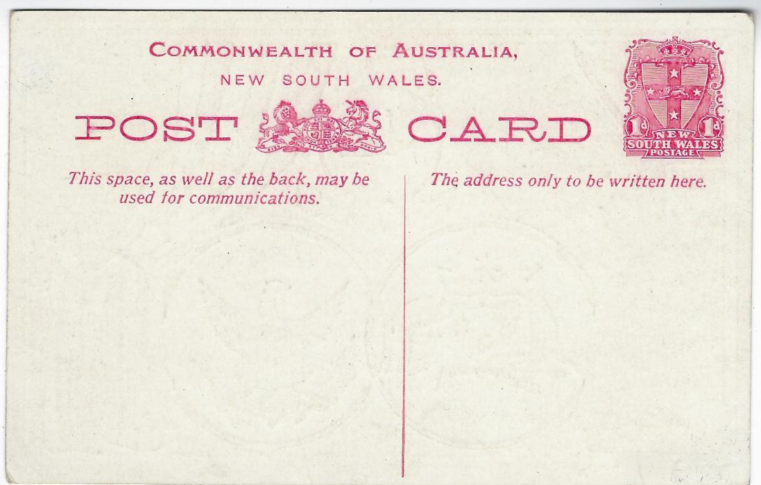 Australia (New South Wales) 1908 1d picture stationery card with new heading, reverse with multi colour image ‘Australians Welcome Americans’; fine unused.
