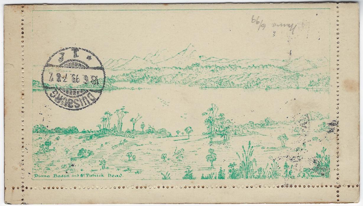Australia (Tasmania) 1899 2d green illustrated letter card ‘Diana Basin and St. Patrick’s Head’ used to Duisburg, Germany, uprated with 1892-99 ½d. orange and mauve heavily cancelled by Hobart duplex, arrival duplex; some slight tones and stuck together, scarce used example.