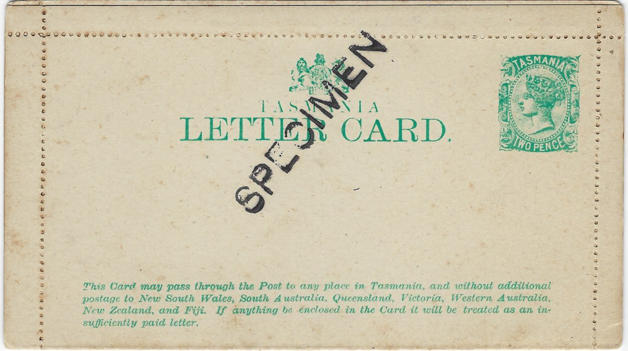 Australia (Tasmania) 1898 2d. green illustrated letter card Diana Basin and St Patrick Head overprinted SPECIMEN diagonally on front; some slight ageing.