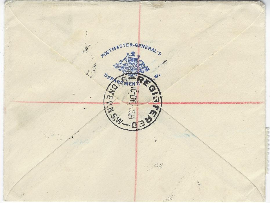 Australia 1935 (10 DE) registered airmail cover to Aberdeen, Scotland bearing single franking 2/- Silver Jubilee tied Registered Sydney N.S.W. cds with complete strike to left, revere shows imprint of Postmaster General’s Department; a  fine single franking.
