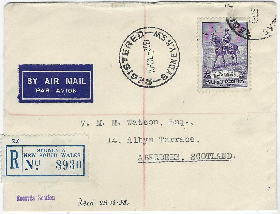 Australia 1935 (10 DE) registered airmail cover to Aberdeen, Scotland bearing single franking 2/- Silver Jubilee tied Registered Sydney N.S.W. cds with complete strike to left, revere shows imprint of Postmaster General’s Department; a  fine single franking.