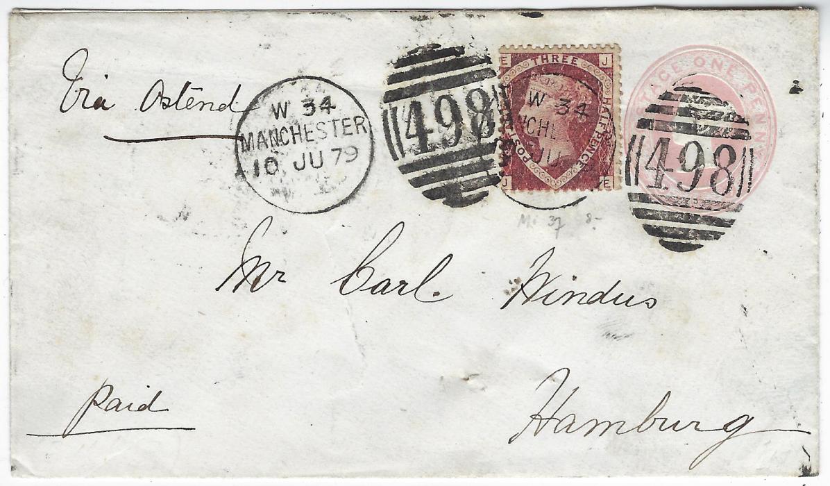 Great Britain 1879 (10 JU) 1d. pink stationery envelope to Hamburg, endorsed “Via Ostend” and uprated 1870 1½d., JE, plate 3, tied by two Manchester ‘498’ duplex, arrival backstamp; a couple of pinhole towards base otherwise fine.