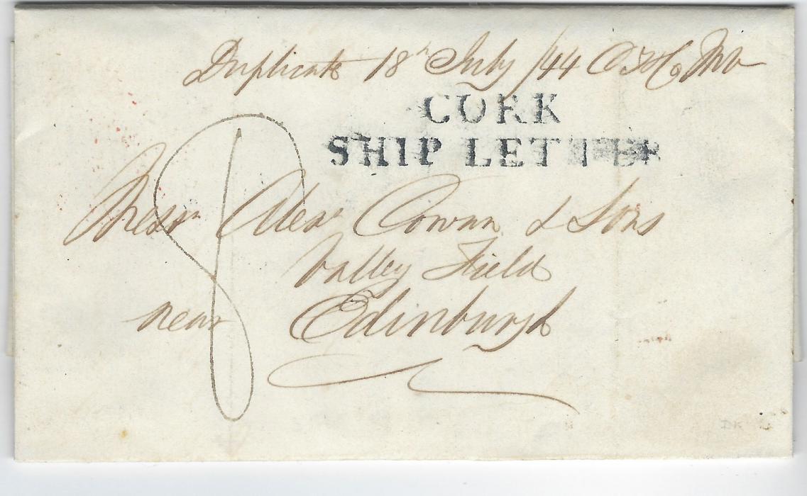 Uruguay (Ship Letter) 1844 (18 July) duplicate entire from Montevideo to Edinburgh, rated “8”, showing fine unframed ‘CORK/ SHIP LETTER’ and on reverse Cork (14.10.), Dublin (15.10.) and arrival (17.10.) date stamps. A fine example ex Robertson and Booth.