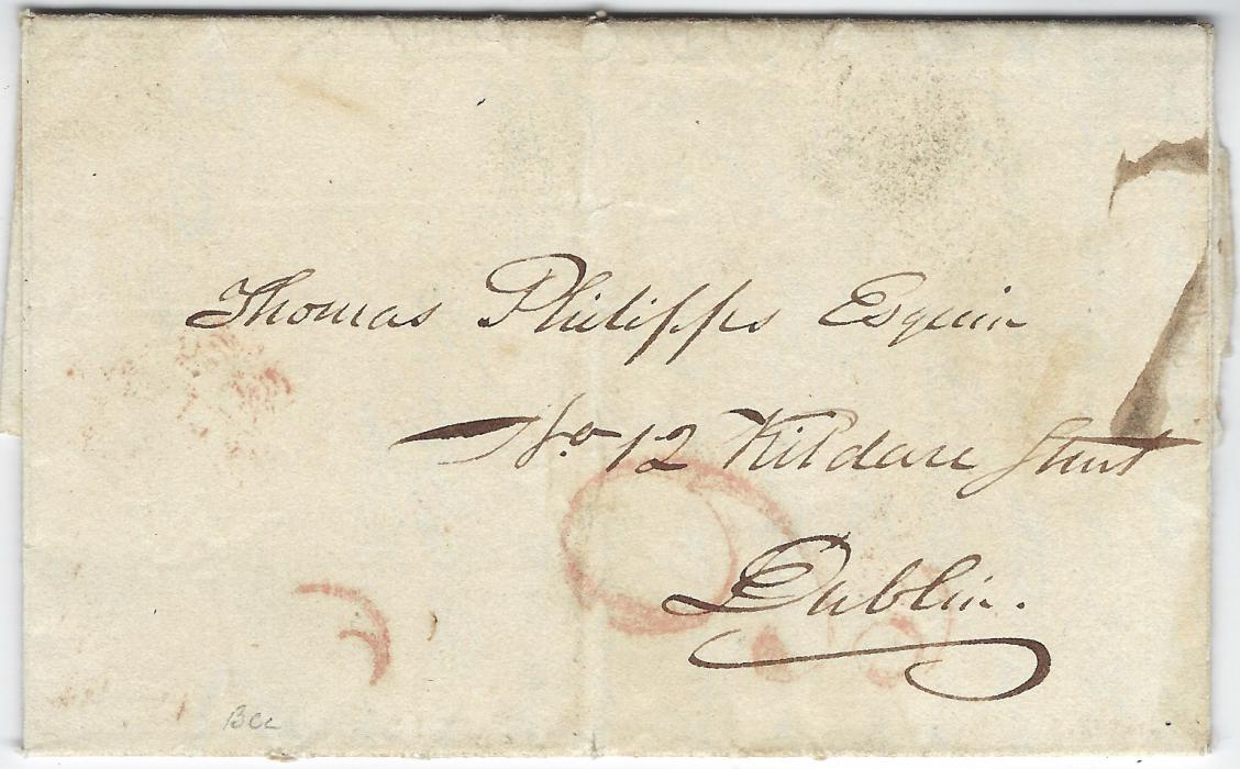 Ireland (Ship Letter) 1821 (13 Mar) entire from New York to Dublin, handstamped ‘6d’ and manuscript “7” and showing on reverse, across the join, fine crowned SHIP LETTER/ DUBLIN oval datestamp. Ex. G. Booth.