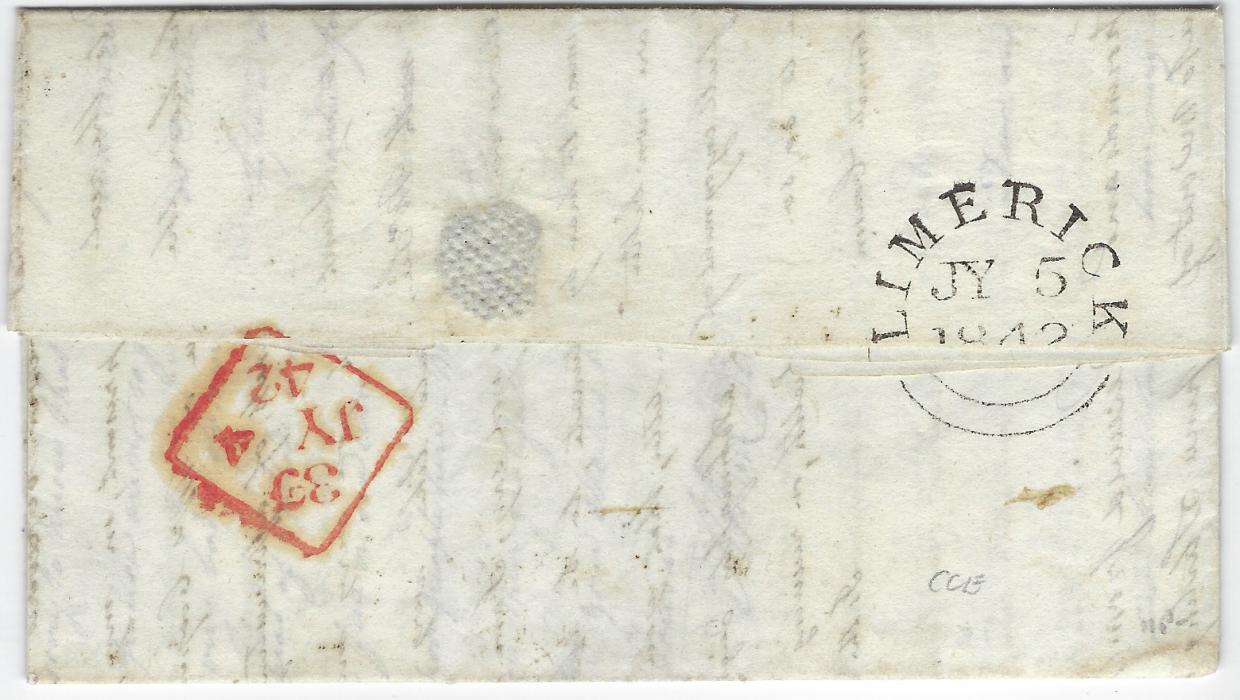 Ireland (Ship Letter) 1842 (16 May) entire from France to Limerick showing large ‘8’ handstamp and to left two-line ‘DUBLIN/ Ship Letter’, reverse with Dublin (4.7.) and arrival (5.7.) datestamps; fine and clean condition.
