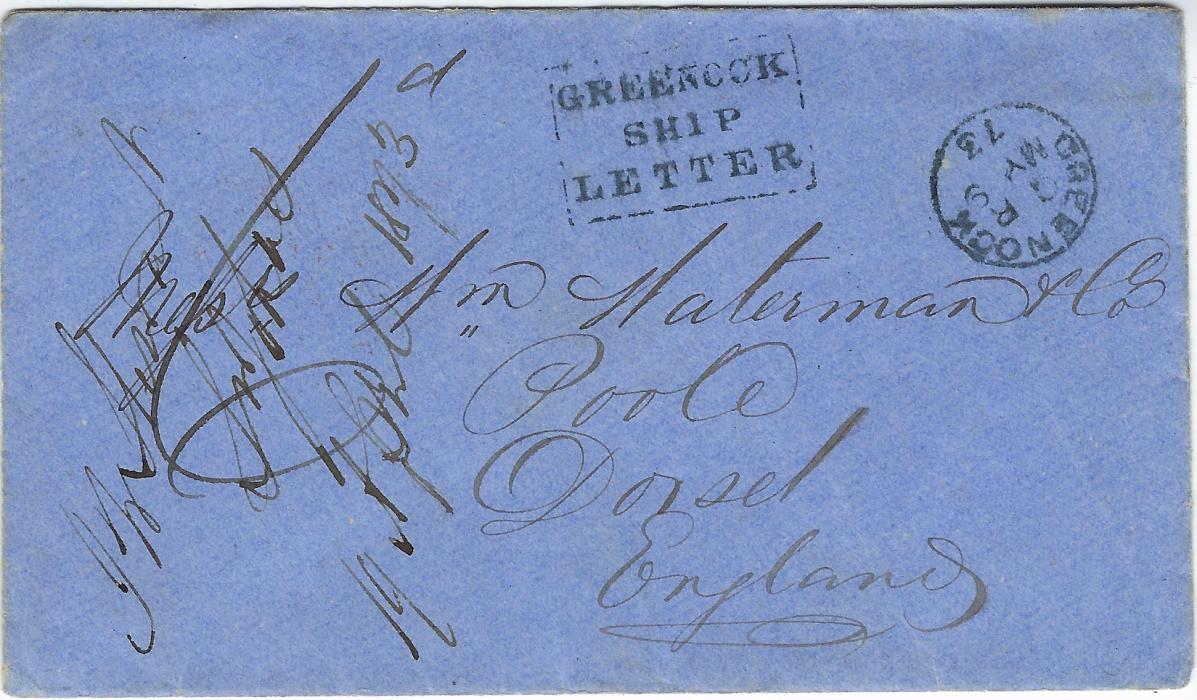 Great Britain (Ship Letter) 1873 blue envelope with embossed backflap from a St John’s N.F company (Newfoundland), rated “6d”, showing framed GREENOCK/ SHIP/ LETTER handstamp and cds at right, reverse with red Ship Letter London cds; fine and fresh.