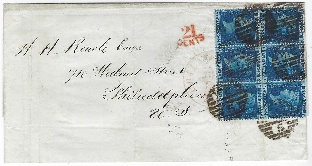 Great Britain 1864 outer letter sheet to Philadelphia franked by 1858-79 2d. blue block of six, plate 9, PH-QJ tied by WC/5 London obliterators, two stamps additionally tied by arrival date stamp, ‘21/ Cents’ charge handstamp alongside; fine multiple on cover.