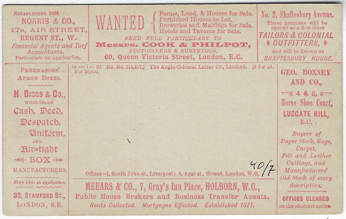 Great Britain (Advertising Stationery) c.1880 ½d. brown stationery card with series or red adverts on reverse including Turf Accountant, Property Auctioneers, Tailor, Freemasons Apron Boxes, Paper & Rags; good condition.