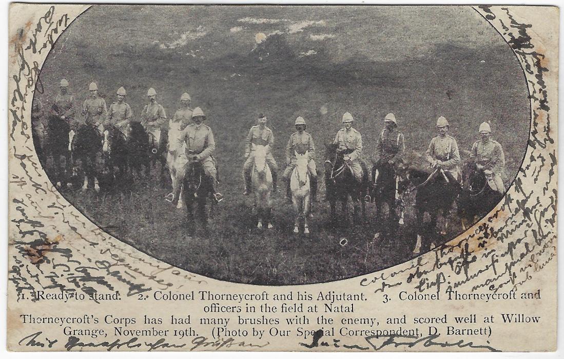 Great Britain (Picture Stationery) 1900 1d. stationery card to Germany with patriotic propaganda image from Boer War depicting Colonel Thorneycroft and his mounted infantry officers; fine used.