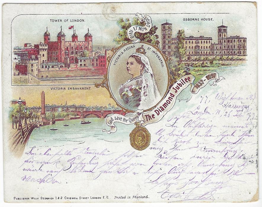 Great Britain (Picture Postcard) 1897 ‘The Diamond Jubilee’ multi-image chromo-litho card used 26 JY 97 from London to Ungolstadt, Germany franked 1d. lilac; some corner bumping and pinhole at top, scarce used card.