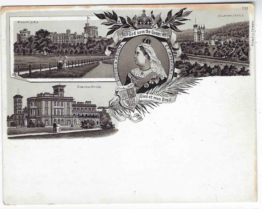 Great Britain (Picture Postcard) 1897 Diamond Jubilee chromo-litho postcard depicting Queen Victoria as well as images of Osborne House, Windsor Castle and Balmoral Castle, printed in Germany; slight discolouration at top, otherwise fine.