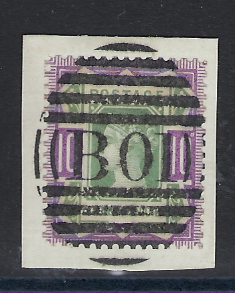 Great Britain 1887 Queen Victoria’s Jubilee 10d. green and purple, Colour Trial on watermarked paper, perf 14, tied to piece by complete ‘B01’ obliterator; very fine with good colour, only a few examples recorded used, Ex Heath & Besancon.