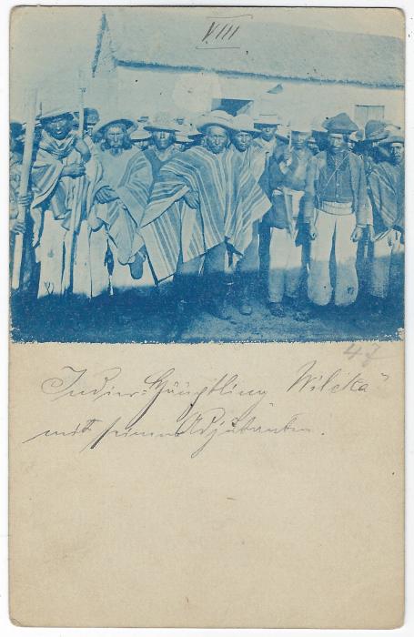Bolivia (Picture Stationery) Early 1900s 2c. card with blue image depicting a group of local Indians, cto with framed BOLIVIA ORURO handstamp; fine condition.