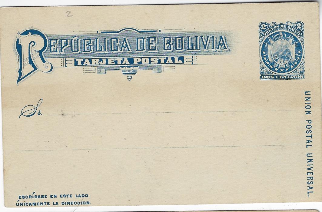 Bolivia (Picture Stationery) Early 1900s 2c. card with blue three-quarter image depicting a six mule stagecoach by the side of a river, fine unused.