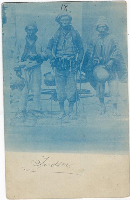 Bolivia (Picture Stationery) Early 1900s 2c. card with blue three-quarter image depicting a group of three  local Indian men, cto with Ururo Bolivia handstamp, fine condition.