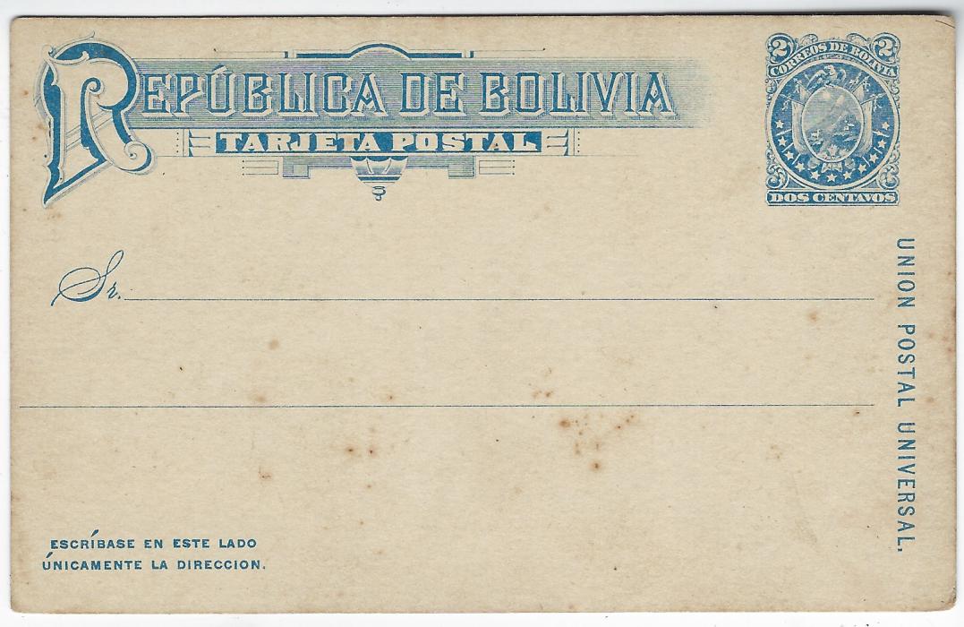Bolivia (Picture Stationery) Early 1900s 2c. card with blue image depicting locals crossing a river, inscribed in pencil at base “Rio Rocha, Cochabamba”; some slight tone spotting.