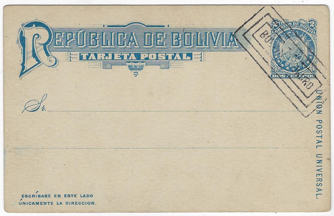 Bolivia (Picture Stationery) Early 1900s 2c. card with blue image depicting the town of Oruro with pencil annotation at base, cto with three-line rectangular framed BOLIVIA ORURA handstamp; good condition.