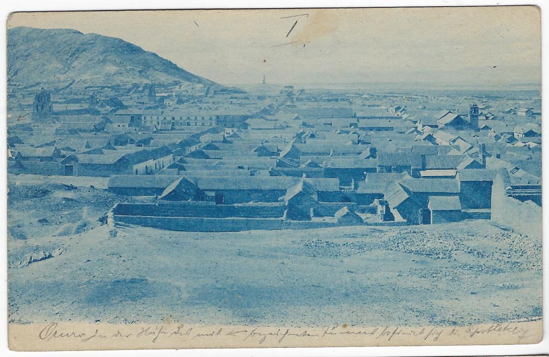 Bolivia (Picture Stationery) Early 1900s 2c. card with blue image depicting the town of Oruro with pencil annotation at base, cto with three-line rectangular framed BOLIVIA ORURA handstamp; good condition.