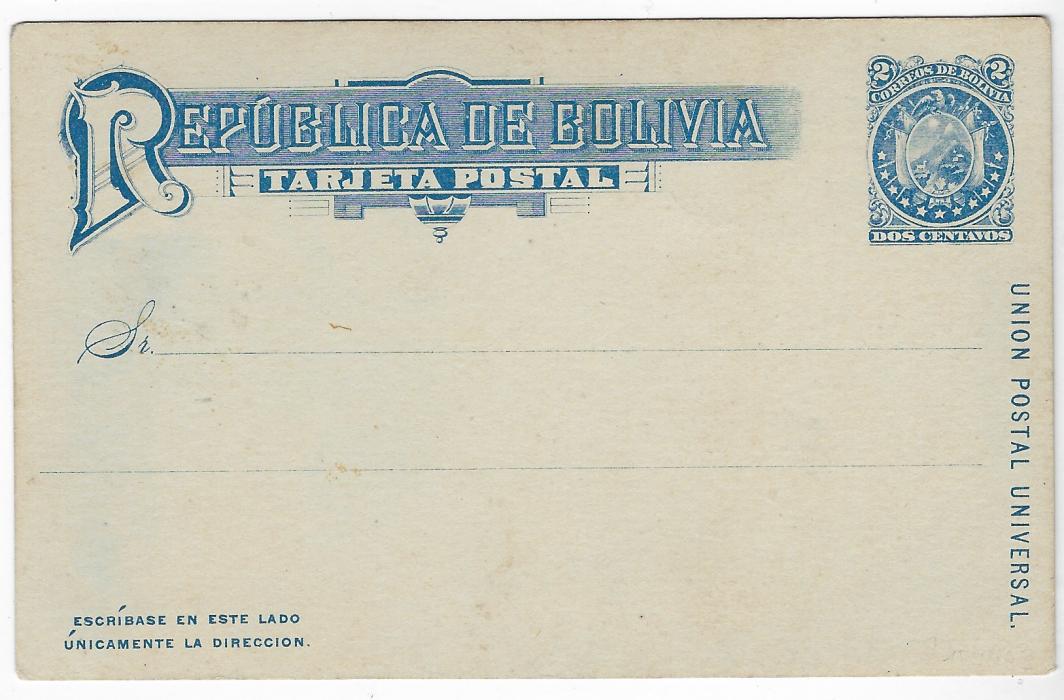 Bolivia (Picture Stationery) Early 1900s 2c. card with blue half image depicting a stagecoach with passengers outside and on the roof, annotated at right in pen otherwise good condition.