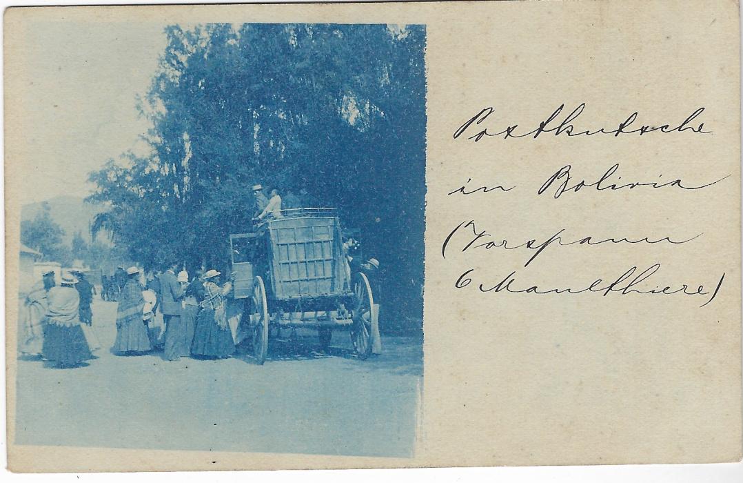 Bolivia (Picture Stationery) Early 1900s 2c. card with blue half image depicting a stagecoach with passengers outside and on the roof, annotated at right in pen otherwise good condition.
