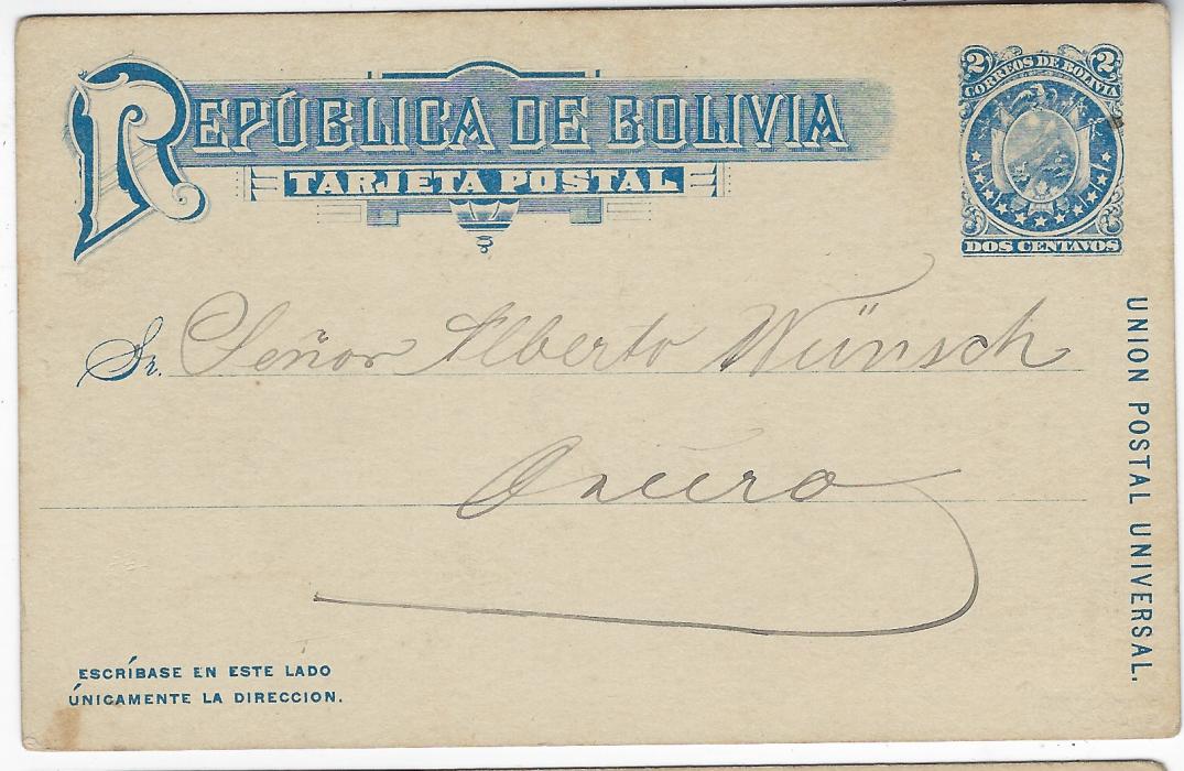 Bolivia (Picture Stationery) Early 1900s 2c. card with blue image depicting a local man with greetings message written across image and annotated from Cochabamba 1.8.1906; good condition.