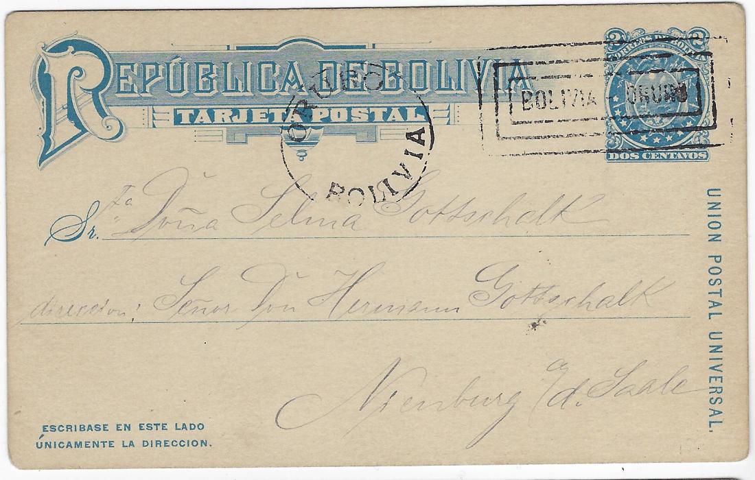 Bolivia (Picture Stationery) Early 1900s 2c. card with blue image depicting Oruro Square with message at right, image with manuscript description of buildings, reverse with two handstamps; good condition.