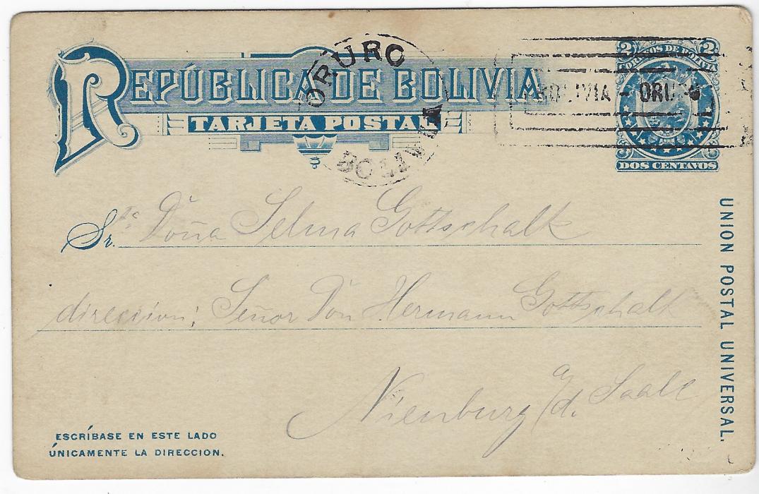 Bolivia (Picture Stationery) Early 1900s 2c. card with blue image depicting Cochabamba main square addressed to Germany, reverse with two handstamps of Oruro;  good condition.