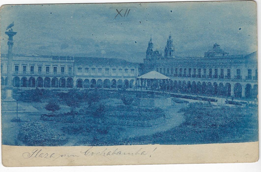 Bolivia (Picture Stationery) Early 1900s 2c. card with blue image depicting Cochabamba main square addressed to Germany, reverse with two handstamps of Oruro;  good condition.