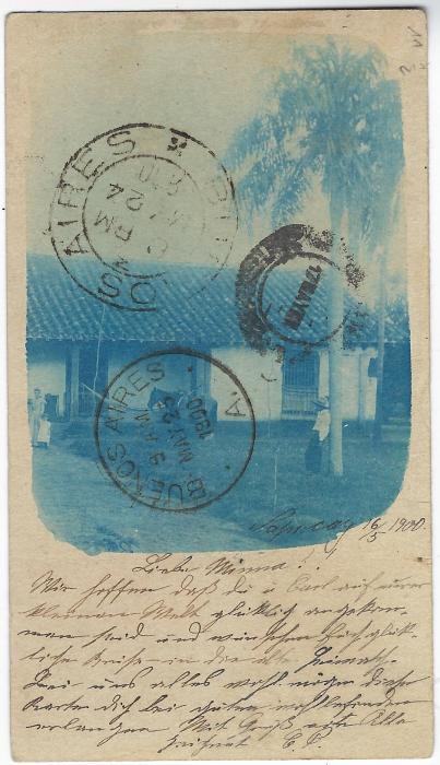 Paraguay (Picture Stationery) 1900 2c green stationery card with blue image of farm house, a few people and horse addressed to passenger on board “Vapor Asuncion” at Buenos Aires, despatch and arrival cancels all over the image.
