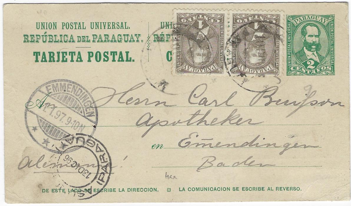 Paraguay (Picture Stationery) 1896 2c green stationery card to a Chemist at Emmendingen, Germany with additional 1c. pair tied Ascuncion cds, repeated bottom left which is partly overstruck with arrival cds, front bears a printed image for Herken Brewery.
