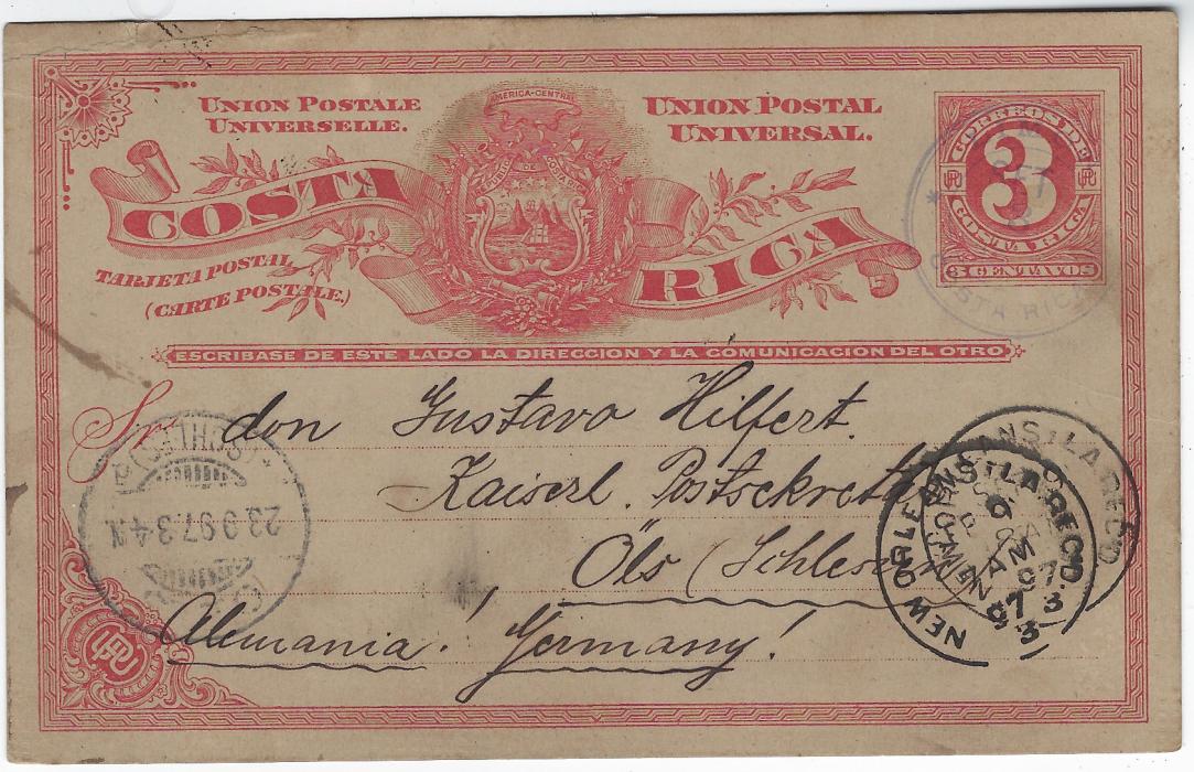 Costa Rica (Picture Stationery) 1897 3c stationery card to Germany via New Orleans with fine hand-drawn image on reverse of pipe smoking local cultivating bananas; fine pen work, slight creasing top left.