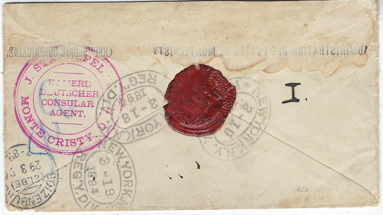 Dominican Republic 1894 (5 Mar) registered AR cover to Boizenburg, Germany franked 1885-91 5c. and 20c. (one 5c. added without cancel) tied by barred ’M’ with CORREOS MONTE CRISTY date stamp in association showing inverted ‘5’ in date, blue ‘Avis De Reception’ label at left, New York registration etiquette over stamps, reverse with New York transits and arrival plus large red-violet ‘J. Stafelfel Monte Cristy Kaiserl. Deutscher Consular Agent.’; small tear at side and small paper adhesion on back. Ex Krug
