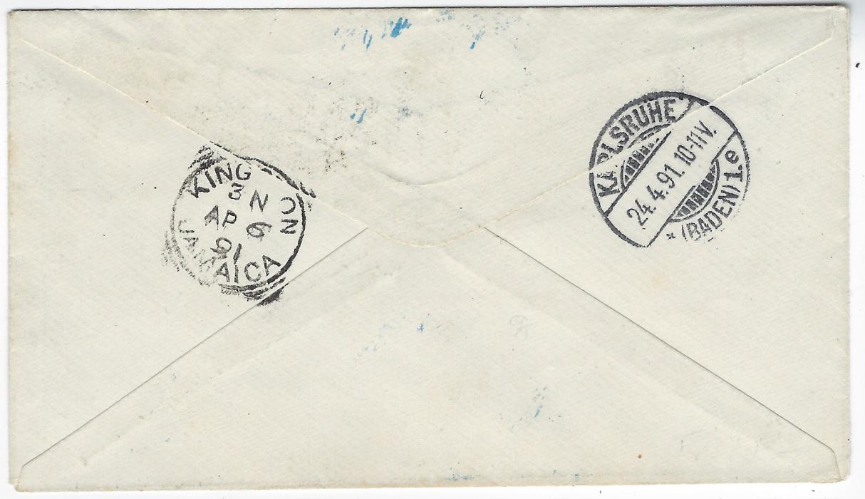 Dominican Republic 1891 (4 Abr) 10c. orange postal stationery envelope to Karlsruhe, Germany endorsed “per Vapor Ingles”, cancelled by bright blue Santo Domingo cds, reverse with Kingston Jamaica square circle transit (AP 6) and arrival cds (24.4.). Very fine and fresh.