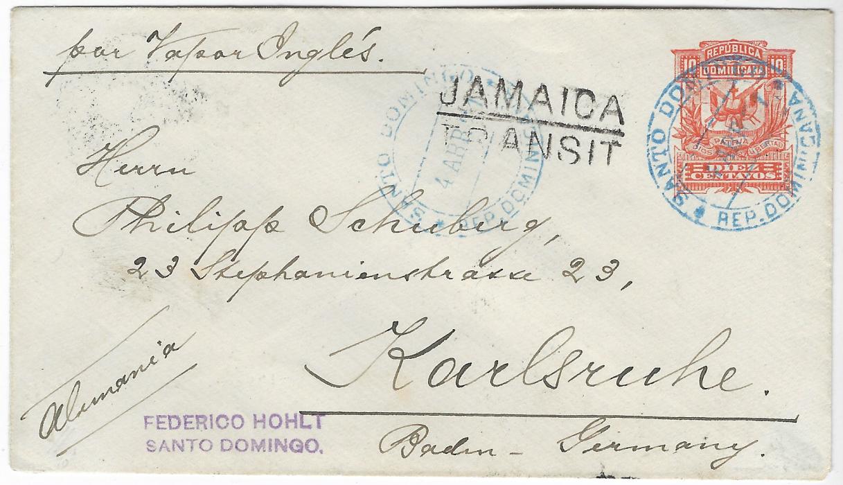 Dominican Republic 1891 (4 Abr) 10c. orange postal stationery envelope to Karlsruhe, Germany endorsed “per Vapor Ingles”, cancelled by bright blue Santo Domingo cds, reverse with Kingston Jamaica square circle transit (AP 6) and arrival cds (24.4.). Very fine and fresh.