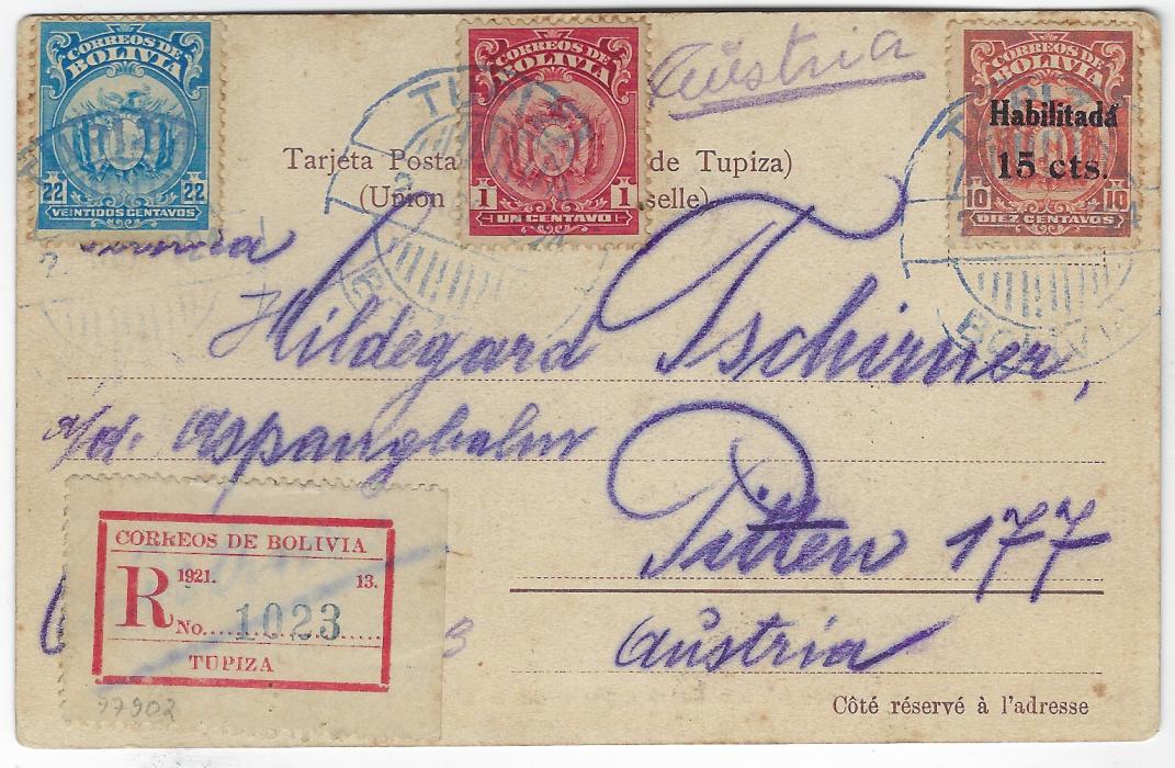 Bolivia 1924 (2 Ago) registered picture postcard to Austria franked 1919-20 1c. and 22c. plus 1923 15c on 20c tied by three TUPIZA BOLIVIA cds in blue, red registration label bottom left, Buenos Aires transit on front; scarce item.