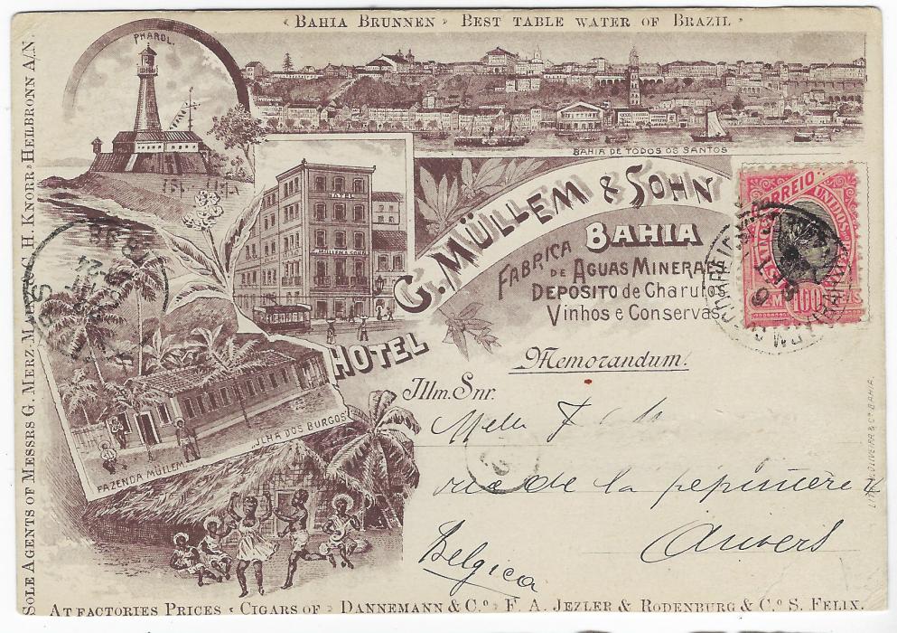 Brazil 1924 (2 Ago) registered picture postcard to Austria franked 1919-20 1c. and 22c. plus 1923 15c on 20c tied by three TUPIZA BOLIVIA cds in blue, red registration label bottom left, Buenos Aires transit on front; scarce item.