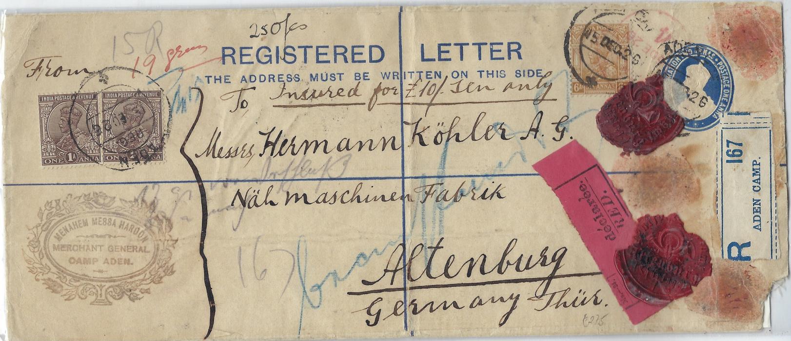 Aden 1926 long registered stationery envelope, endorsed 