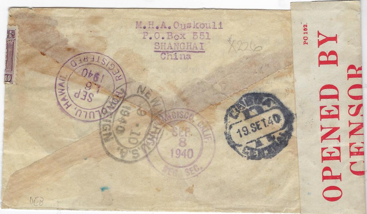China (Airmail) 1940 (17.6.) registered cover to Lisbon franked $3 rate ($2 Air, 50c. postage and 50c registration) for airmail via India and Egypt. The cover was held in China until August and then sent to Hong Kong where the two-line ‘Diverted by air via U.S.A. owing/ to suspension of Air France Service’ added, reverse with Honolulu transit of Sept 6, New York transit Sept 10 and then to Bermuda where censored, arriving in Lisbon on Set 19th. A fine diverted WW2 airmail cover.