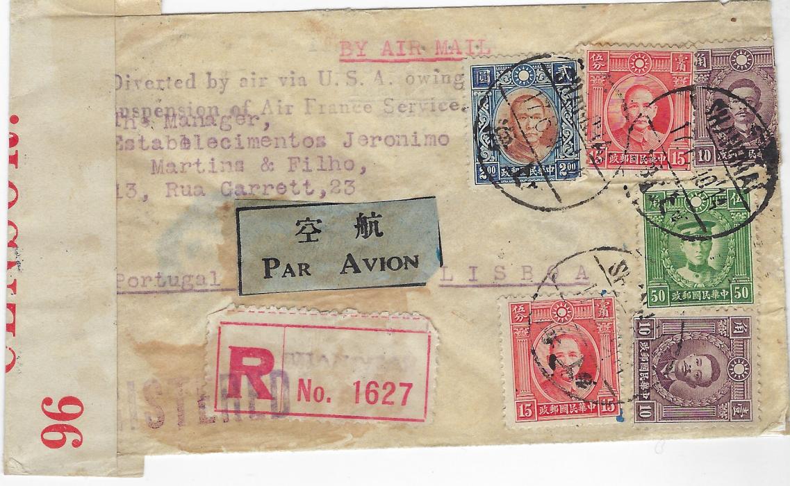 China (Airmail) 1940 (17.6.) registered cover to Lisbon franked $3 rate ($2 Air, 50c. postage and 50c registration) for airmail via India and Egypt. The cover was held in China until August and then sent to Hong Kong where the two-line ‘Diverted by air via U.S.A. owing/ to suspension of Air France Service’ added, reverse with Honolulu transit of Sept 6, New York transit Sept 10 and then to Bermuda where censored, arriving in Lisbon on Set 19th. A fine diverted WW2 airmail cover.
