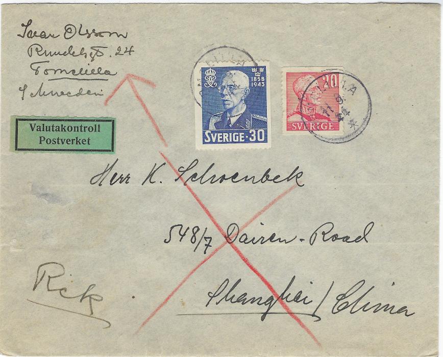Sweden (WW2 Suspended Mail) 1944 (11.9.) cover addressed to Shanghai, China with stamps tied Tomelilla cds. The cover was stopped by the postmaster and a hand-written note commenting on the regulations and that the registration receipt has been returned, signed J Akesson. The registration label removed. Believed to be a unique device amongst service suspended/ return to sender devices.