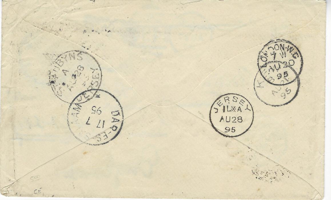German East Africa 1895 (16/7) cover addressed to London, redirected to Kew and then to Jersey bearing single franking  10 Pesa 10 on 20pf tied *Lindi* cds, Dar-Es-Salaam transit backstamp (17 7), French maritime date stamp LA REUNION A MARSEILLE LV.No.4 (2 Aout), London arrival backstamp (AU 20) and on front square circle datestamp (AU 21) for redirection, Kew cancels of AU 21 and AU 27 and final arrivals on back Jersey and St Aubyns cds of AU 28; fine and unusual.