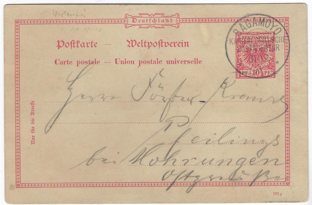 German East Africa 1891 (31/12) German 10pf postal stationery card to Germany cancelled by good strike of BAGAMOYO KDPAg cds; no further cancels, with short message in good condition.