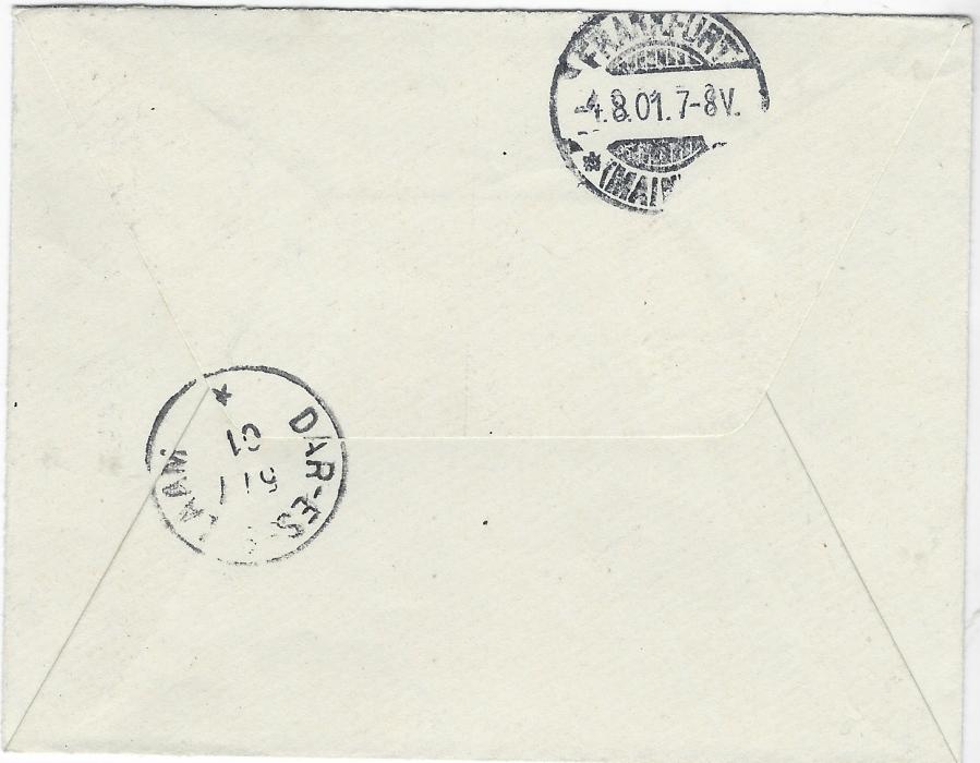 German East Africa 1901 (22 or 23/ 5) cover to Frankfurt franked by 1900 5pf Reichpost pair tied by two MUANZA cds, reverse with Dar-Es-Salaam transit 5/7 and arrival cds of 4.8.; fine clean condition.