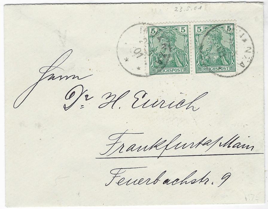 German East Africa 1901 (22 or 23/ 5) cover to Frankfurt franked by 1900 5pf Reichpost pair tied by two MUANZA cds, reverse with Dar-Es-Salaam transit 5/7 and arrival cds of 4.8.; fine clean condition.