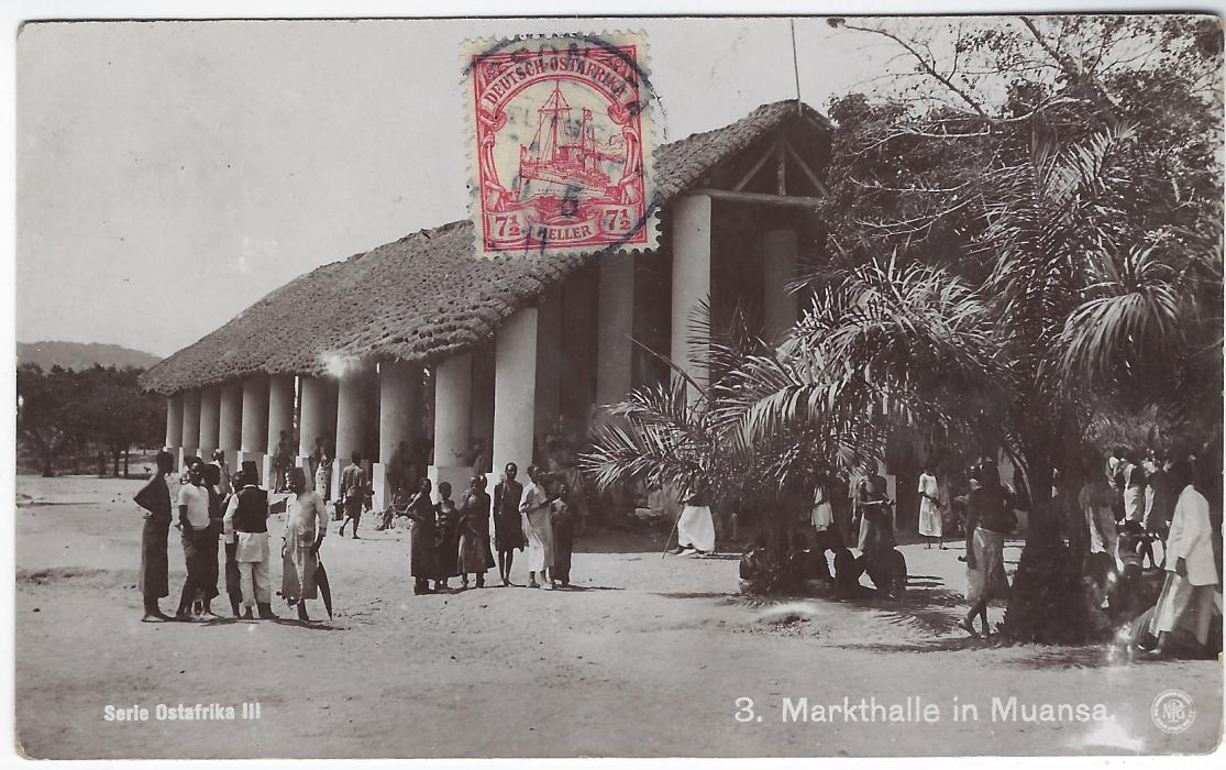 German East Africa 1911 (9/ 5) photographic picture postcard ‘Markthalle in Muansa’ to Switzerland franked on front with 7½h and tied Ssongea Deutsch Ostafrika cds, very short message, datelined as from Songea; fine condition.