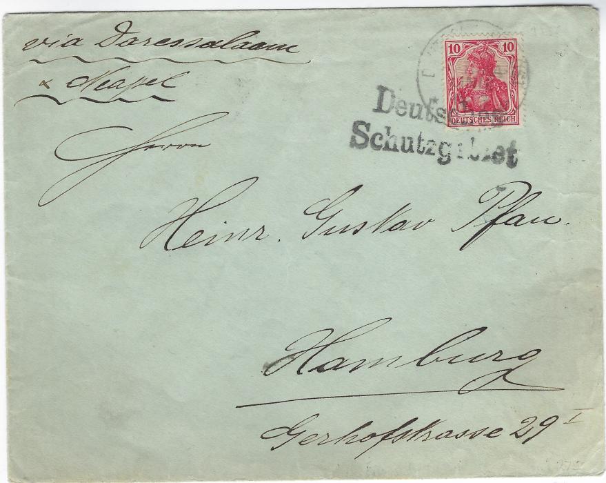 German East Africa 1908 commercial envelope from a E. Oldenburg at Ibo (Nyasa) to Hamburg, endorsed “via Daressalaam/ & Neapel”. The envelope has been carried by a coastal mail paquebot to Dar Es Salaam where the 10pf Germania has been tied by unclear DEUTSCHE SEEPOST/OST-/AFRIKA-/ LINIE q date stamp and overstruck on arrival ‘Deutsche Schutzgebiet’ handstamp.