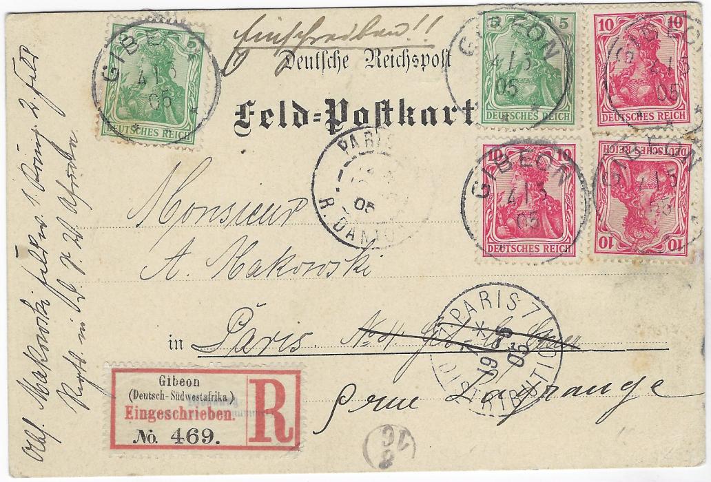 German Colonies 1905 (4/5) Feld-Postkarte registered to Paris franked 1902 Germania 5pf (2) and 10pf (3) each tied by Gibeon cds, registration label bottom left and Paris arrival at right; fine and scarce.