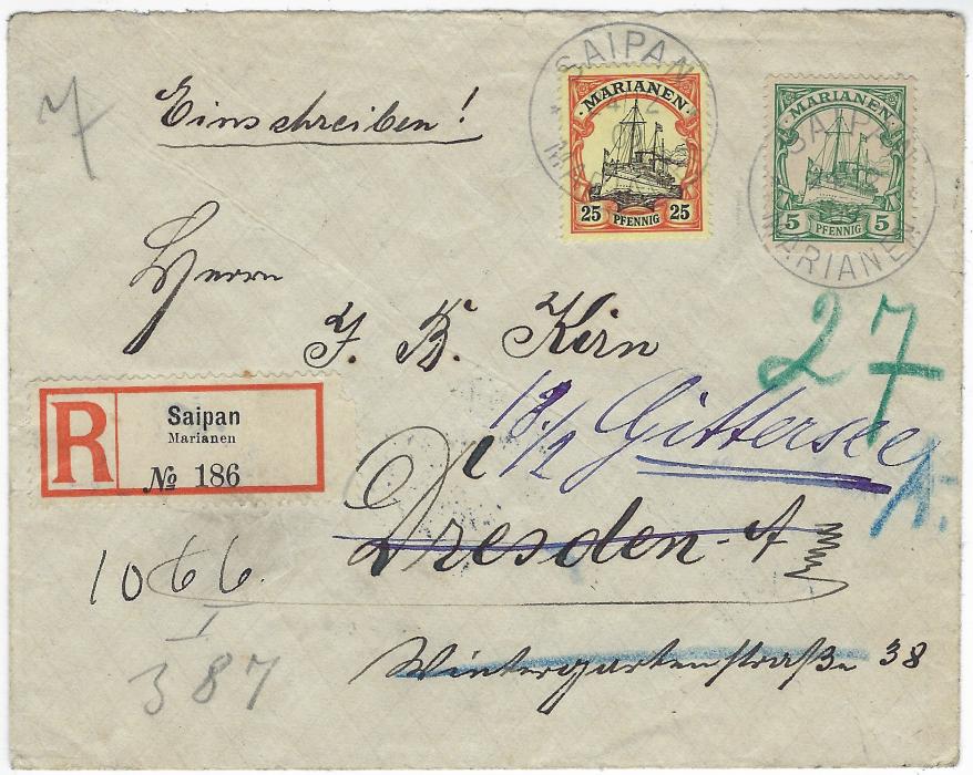 Mariana Islands 1909 (24/2) registered cover to Dresden franked at correct 30pfg rate with  a 5pf. and 25pf. each tied by Saipan Marianen cds, redirected upon arrival with two cds; backflap missing otherwise a good attractive example in fresh condition.