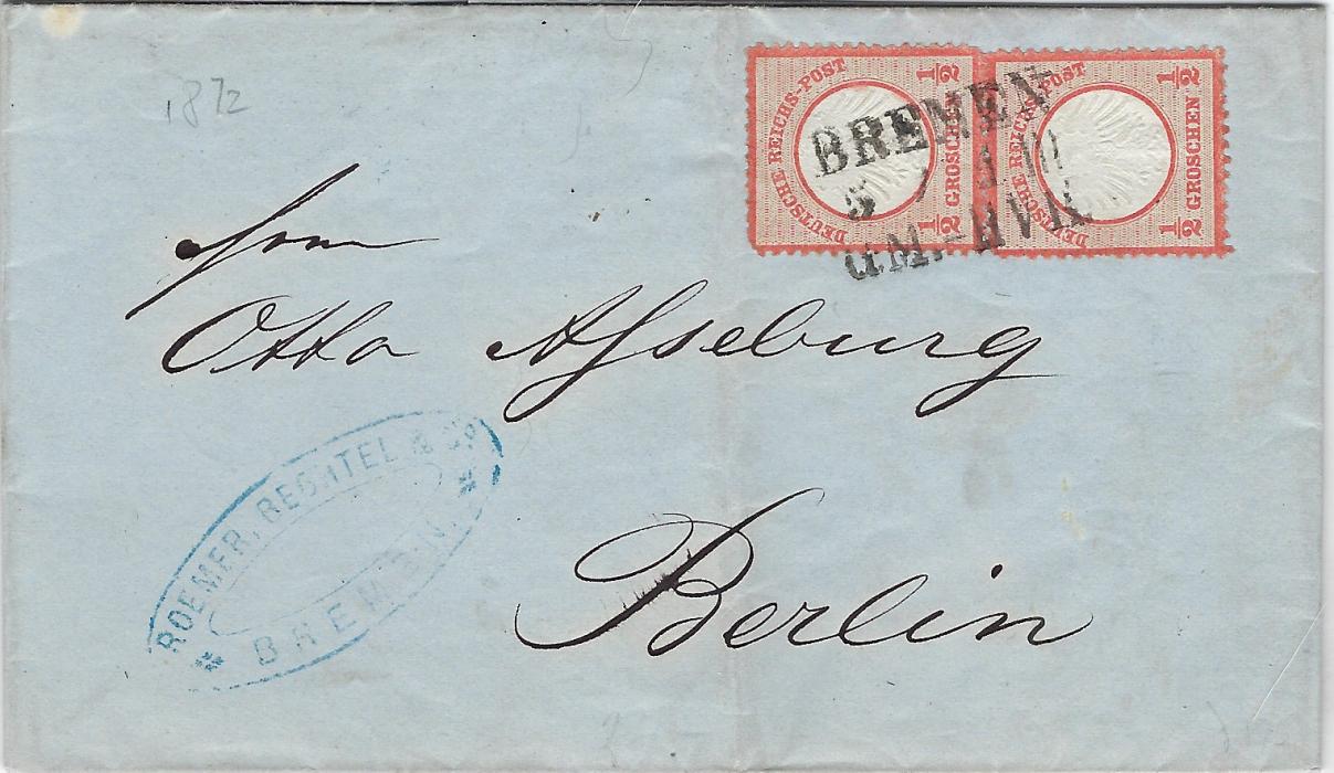 Germany 1872 (5 Janv) folded entire to Berlin franked by two Small Shield ½Gr. orange-red tied by single three-line BREMEN/ -5/1 III/ GM.-HVR train post cancel for the Bremen – Hannover line, arrival backstamp; central vertical filing crease clear of stamps, one with slightly rounded corner and slight oxidisation, an unrecorded cancel  on this issue. H Krug Cert (2012)